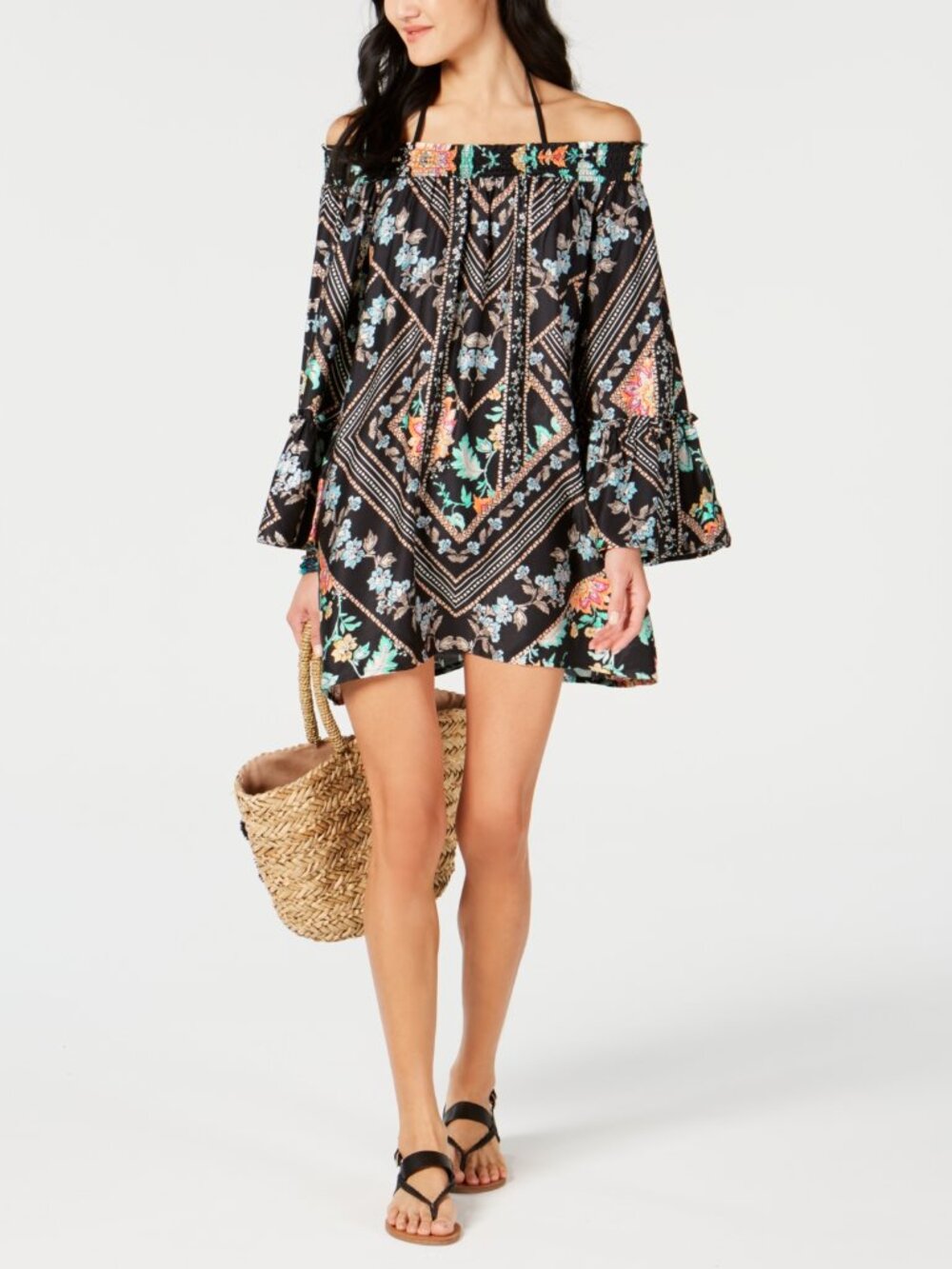 Nanette Lepore Womens Diamond Vines Off The Shoulder Tunic Cover Up
